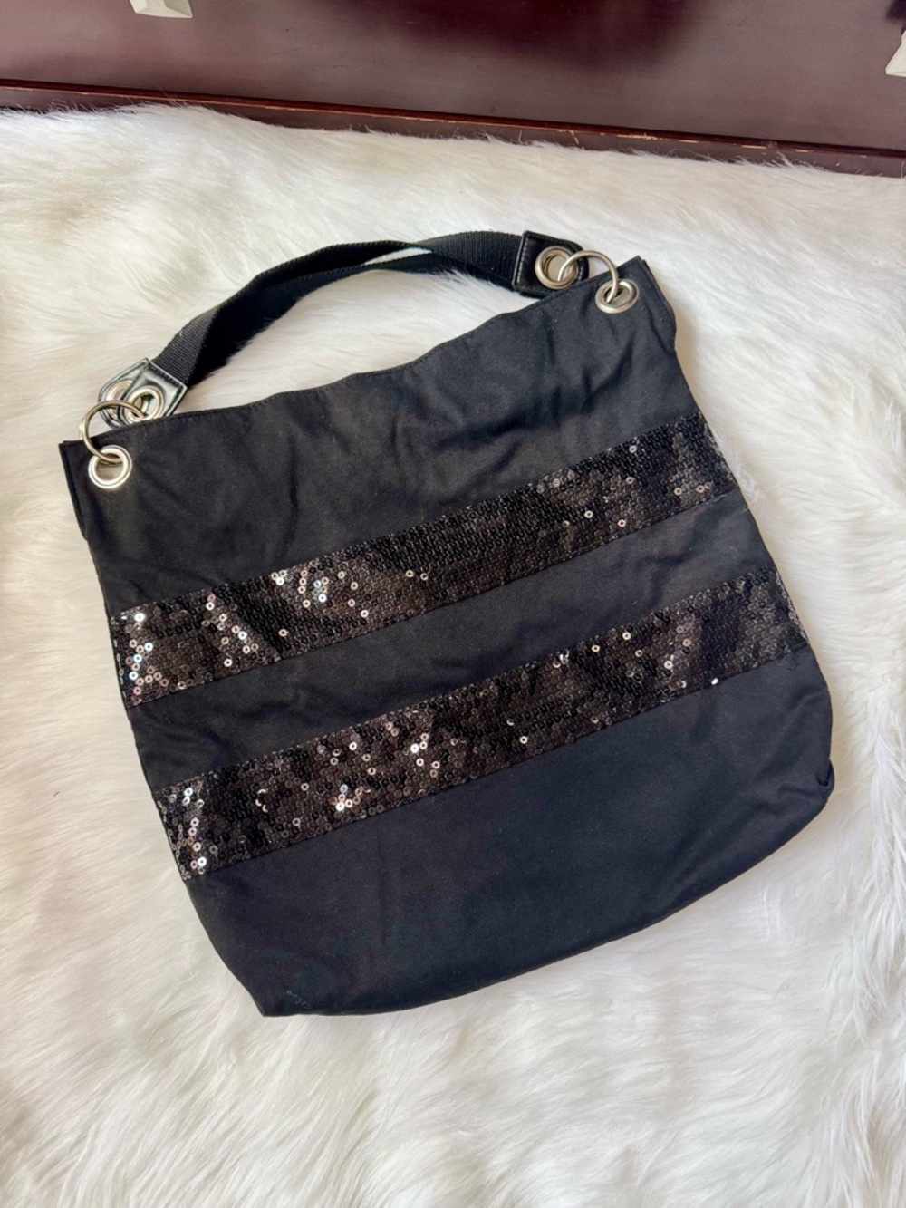 Y2K- Style Black Sequin Striped Tote Bag Large Shoulder Fabric O-ring Detail - Picture 2 of 10